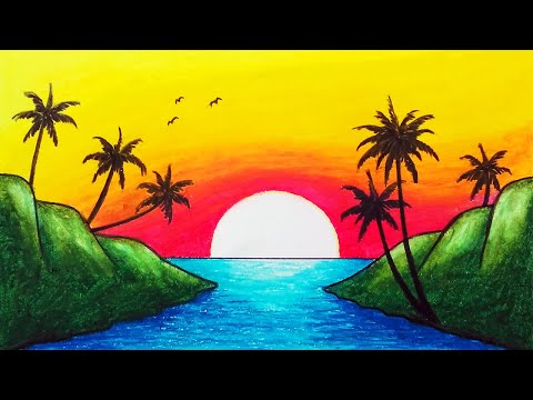 Beautiful Sunset Scenery Drawing with Oil Pastels | How to Draw Easy Scenery Step by Step