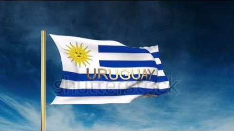 Uruguay flag slider style with title. Waving in the wind with cloud background animation Stock
