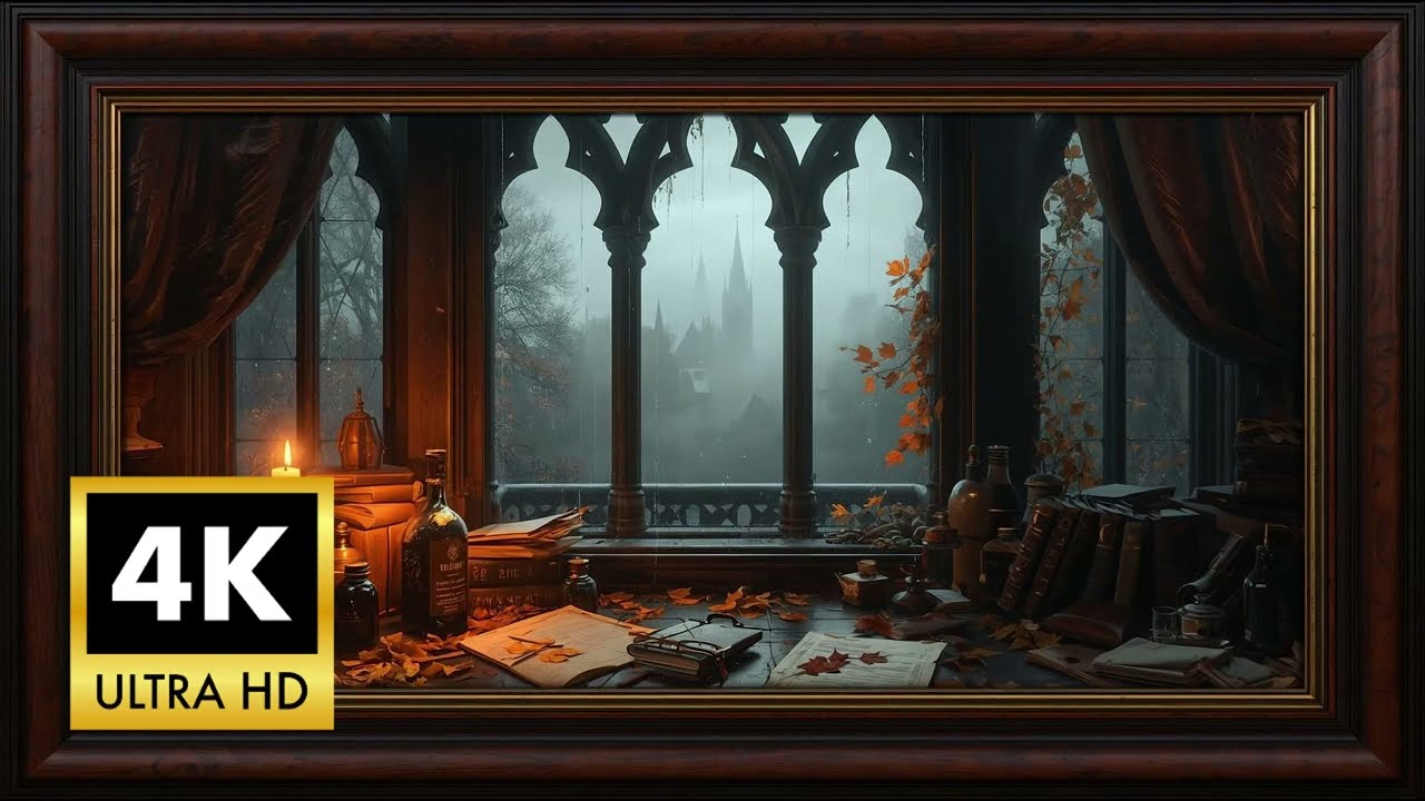 Scholar’s Window | Dark Academia Ambience | Piano & Rain Sounds [4K Framed Art]