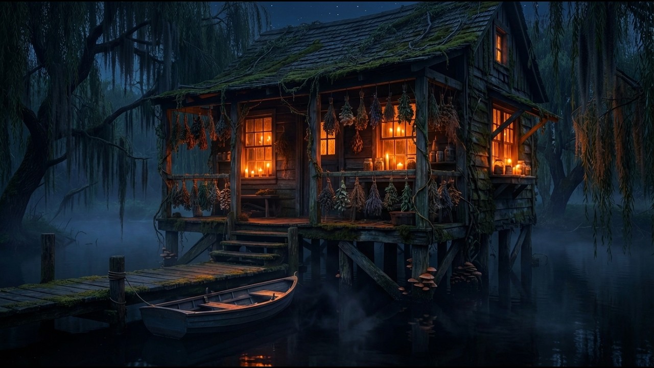Mystical Swamp Witch Cabin at Night 🌙🕯️ | Dark Cozy Ambience 4K | 2 Hours