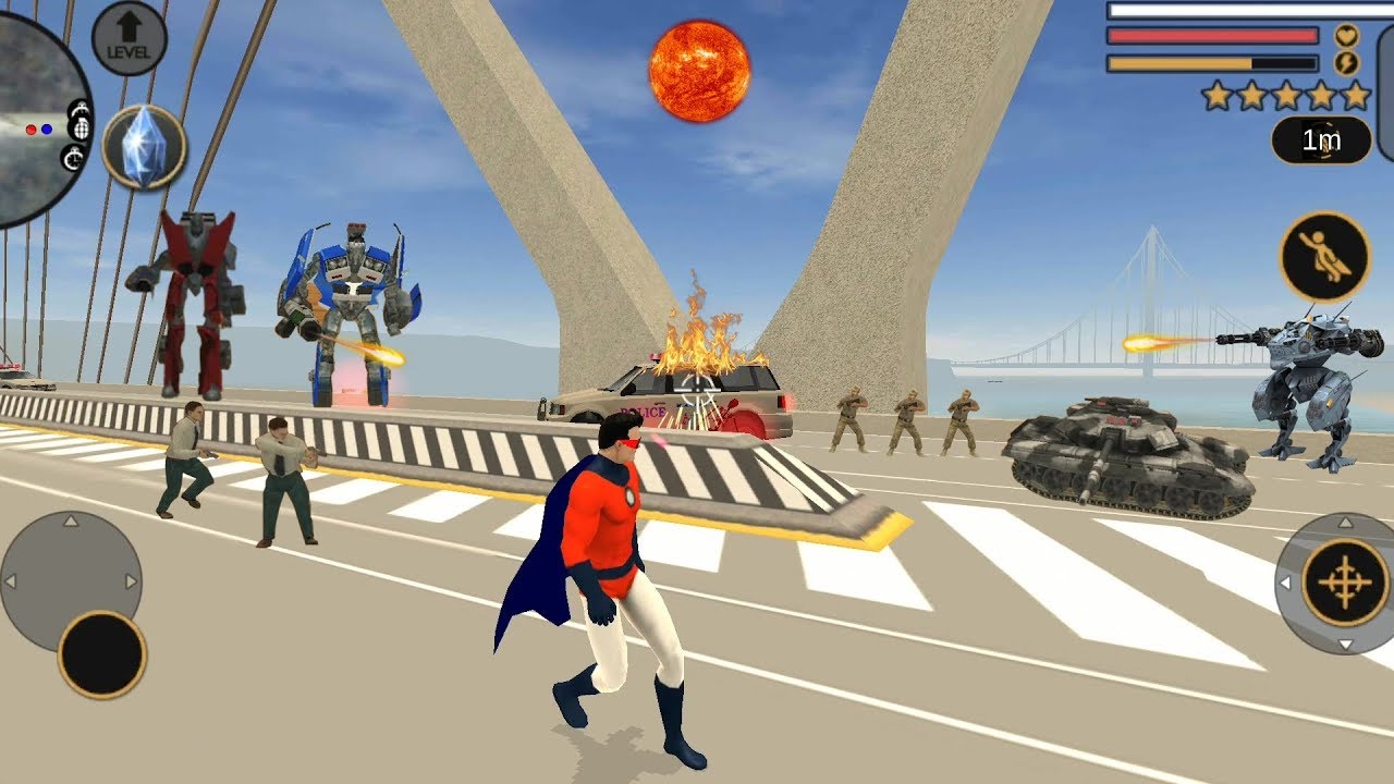 Vegas Crime Simulator (Superhero Fight Robot Car on bridge) Fire Gun Burned Robot Car - Gameplay HD