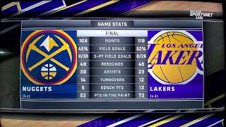 Nuggets and  Lakers Game 4 stats. Lakers defeat Nuggets 119-108. Nuggets lead series 3-1.
