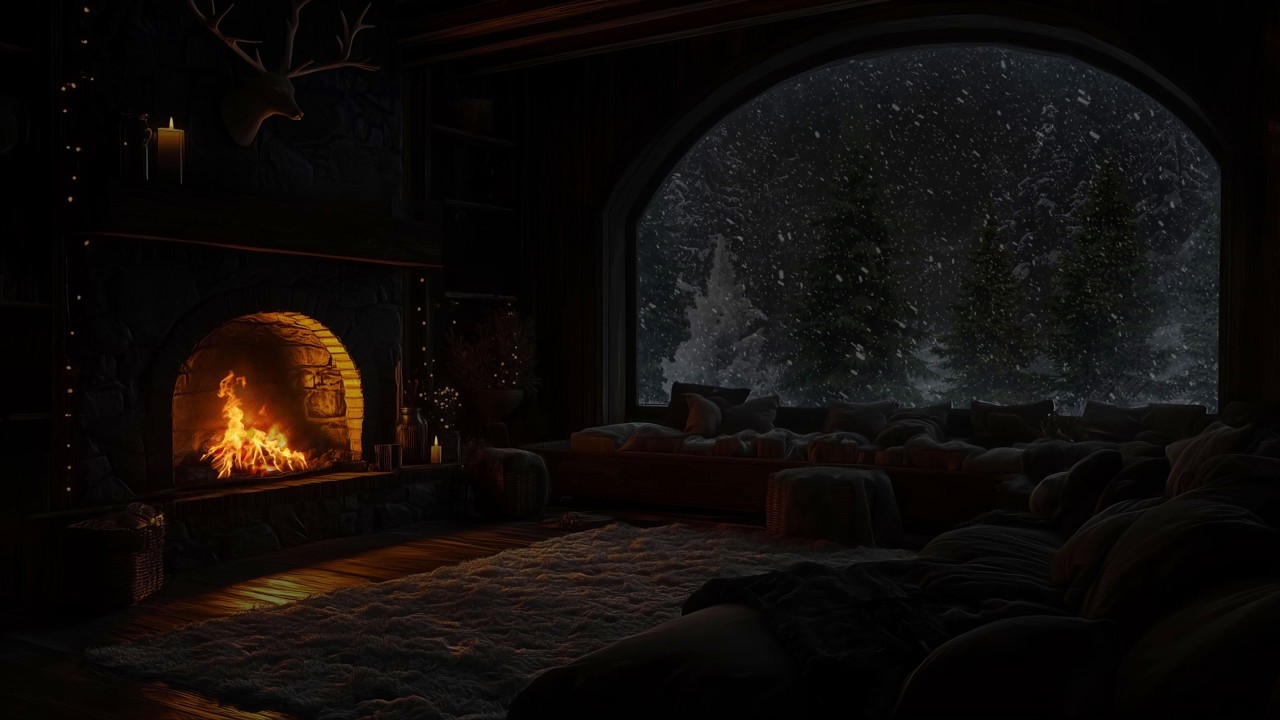 Snowy Mountain Retreat with Gentle Fireplace Crackles for Relaxation, Study and Restful Sleep