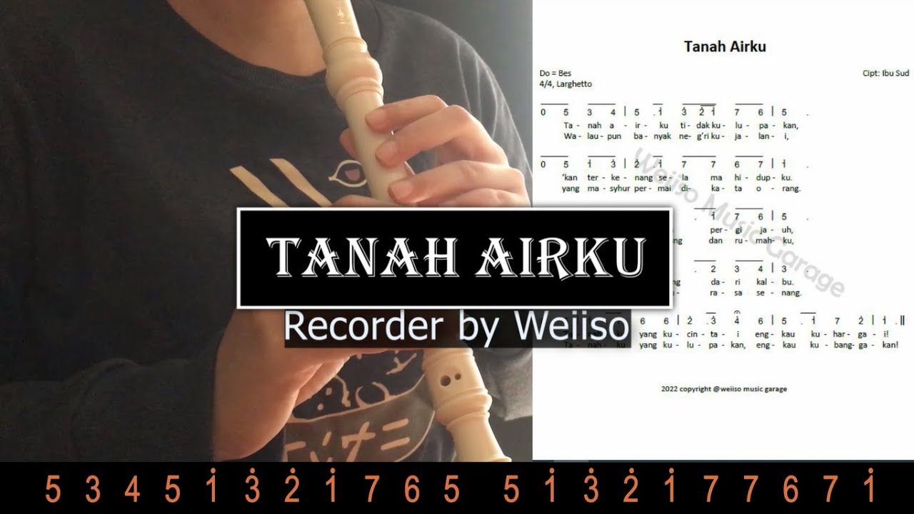 Tutorial (WEIISO) Lagu Tanah Airku - Lagu Nasional Indonesia dengan Recorder dan Not Angka