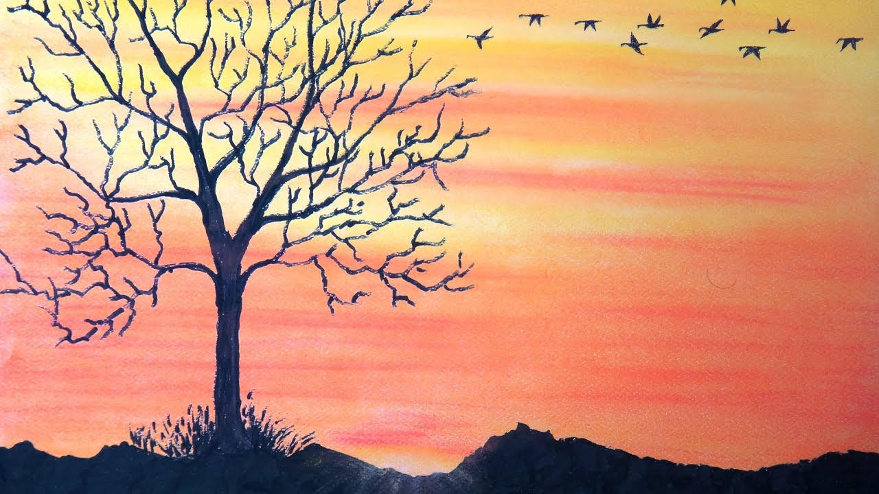 Sunset Colored Pencil Drawing Landscape Easy - Colorful drawings colore...