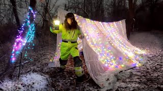 Christmas Light Shelter On A Snowy Winter Night  Off Grid Power + Heated Electric Blanket
