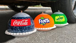 EXPERIMENT CAR vs COCA COLA, FANTA, SPRITE and MENTOS ! Crushing Crunchy \& Soft Things by Car!