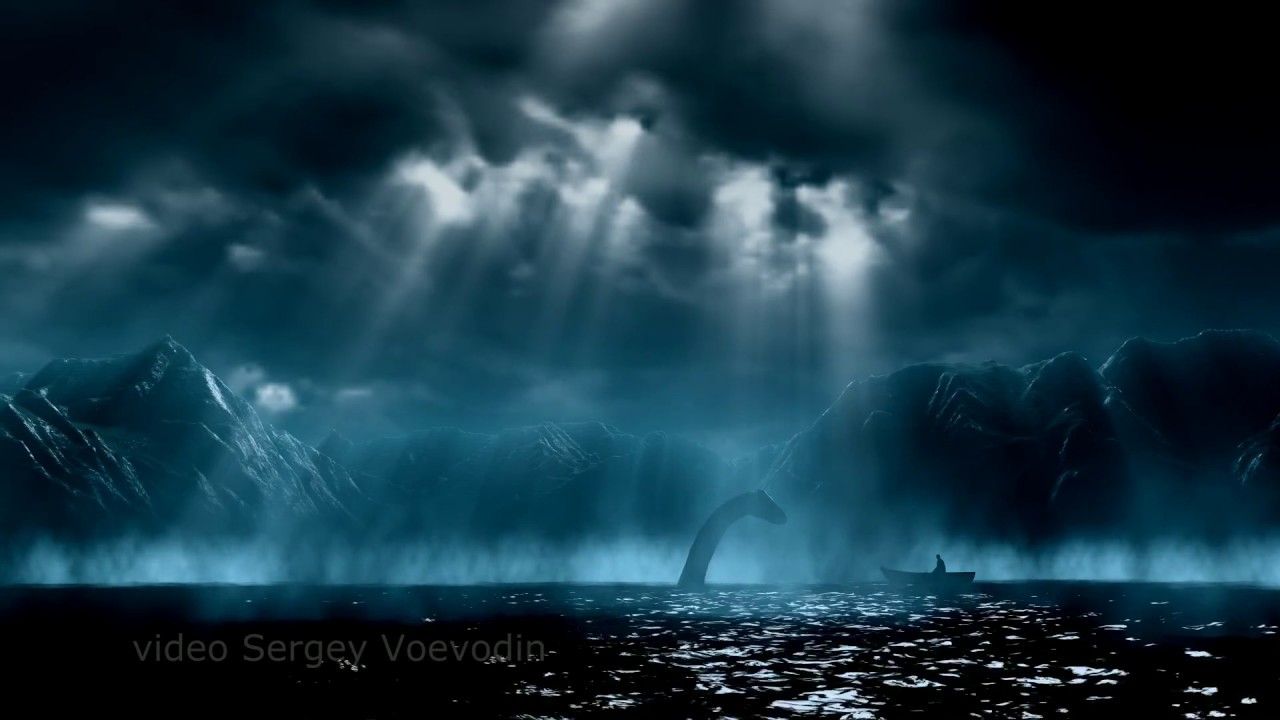 Loch Ness Monster and a boat with a fisherman 2017 3D render