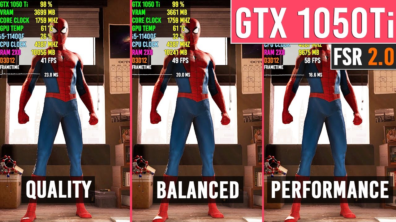Spider-Man Remastered - GTX 1050 Ti + i5-11400F - FSR 2.0 Comparison | 1080p (PC)