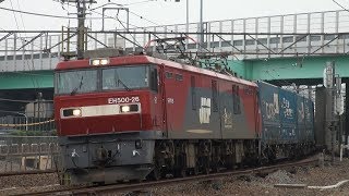 EH500-26牽引遅れ4051ﾚと前後の貨物列車　府中本町　2019/06/25