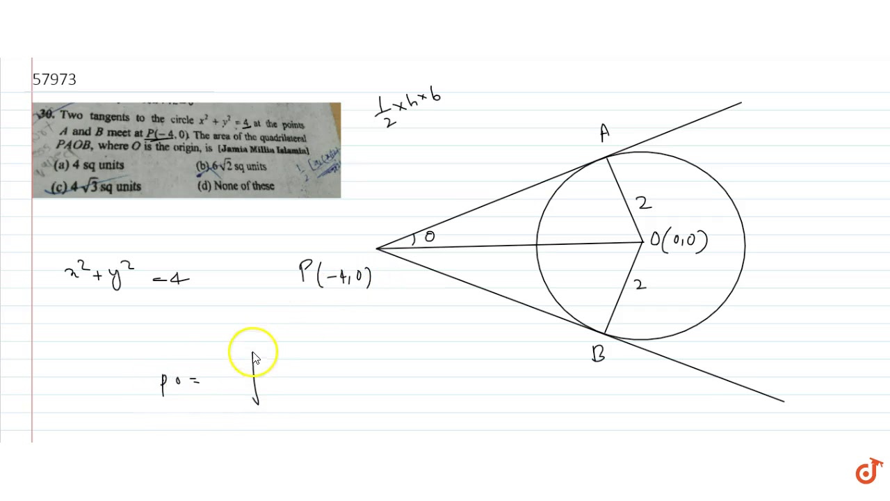 Two Tangents To The Circle X 2 Y 2 4 At The Points A And B Meet At P 4 0 The Area O Youtube