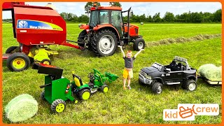Baling hay with kids power wheel tractor \& real tractor to feed horse on farm Educational | Kid Crew