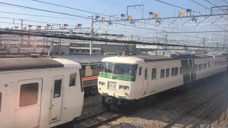 185系OM03編成とOM09編成が縦列駐車する2021年4月9日の長野総合車両センター