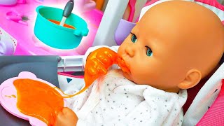 Pretend to play cooking toy food for Baby Annabell doll. Baby Reborn doll stories for kids. screenshot 5