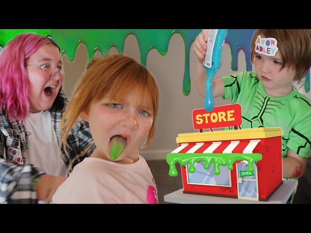 ADLEY'S SLiME SHOP!! and Adley is the BOSS!  Making a play pretend craft store with Alli Niko & Dad class=