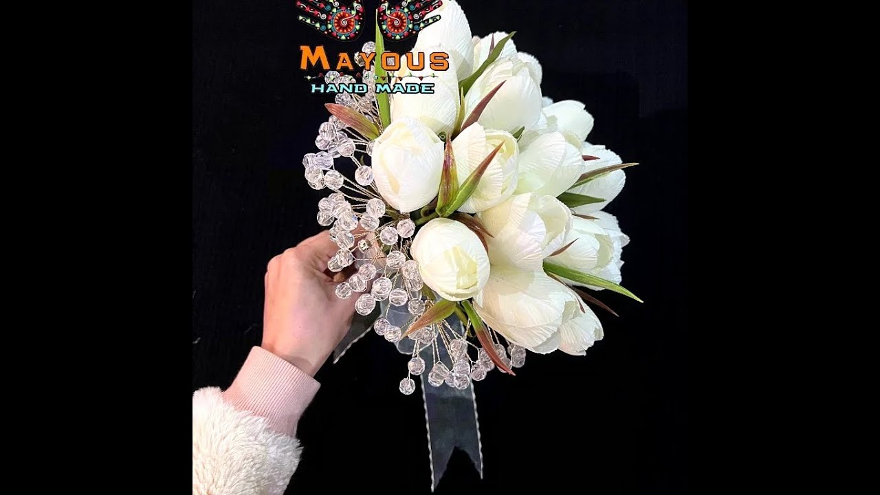 طريقه عمل بوكيه من التوليب مع الكريستال ب استخدام السلك و تثبيته بطريقه سهله بالأسعار