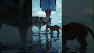 Whispers of the Sea  海辺のささやき  #cute #animals #husky #tigercub #子トラ#ハスキー #なかよし #かわいいどうぶつ #海 #funny