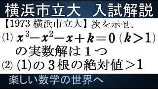 #976　1973横浜市立大　3次方程式の実数解の個数と絶対値＞１の証明【数検1級/準1級/大学数学/中高校数学】Real Roots Of Cubic Equations Math Problems