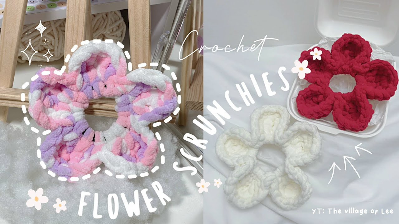 Crochet Flower Scrunchie Easily ✿| Crochet 5-Petal Flower Hair Tie With Velvet Yarn Super Detailed