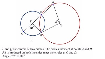 P & Q are centers of two circles. The circles intersect at points A & B. ∠CPB = 100°. Find x.
