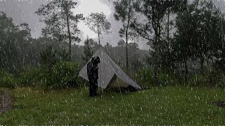 SOLO CAMPING IN HEAVY RAIN - RELAXING CAMPING RAIN in a COZY SHELTER