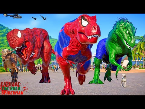 MEGA SPIDERMAN VS VENOM, HULK, CARNAGE, JOKER, NINJA TURTLE Hero Dinosaurs Fight in Dino Universe!