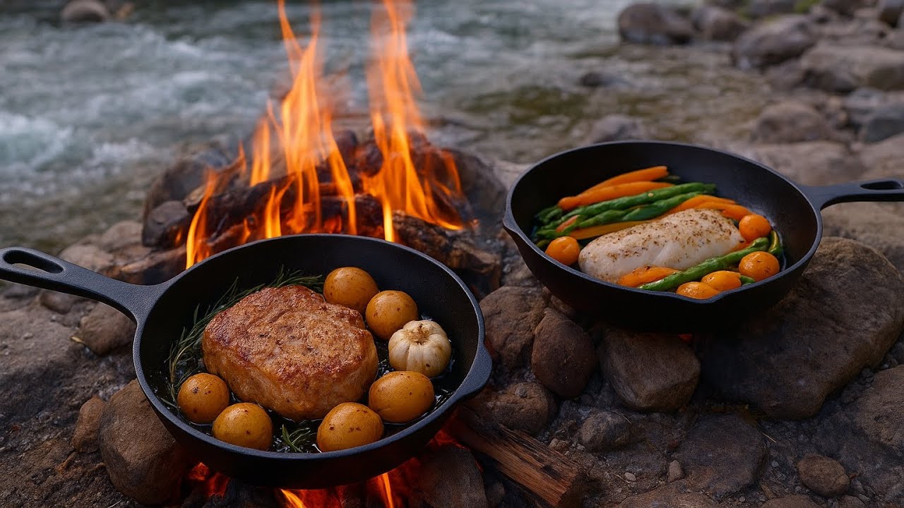 ASMR Cooking by the River | Outdoor Cooking Steak & Fish Feast