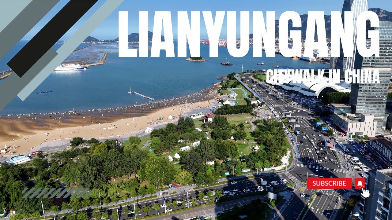 Aerial video of the city scenery shot by drone, at the seaside in Lianyungang City