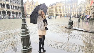 4K Granate Travelling Sightseeing , Belgium, Grande Place, Short Coat, Thigh High Boots