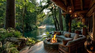 Rest Easy on a Forest Riverside Porch 🍃 Crackling Fire, River Flow & Singing Birds