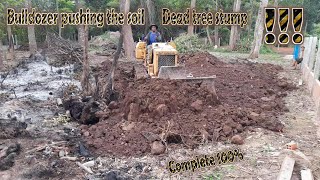 Bulldozer pushing the soil and dead tree stump in forest !! complete 100 % ! mitsubishi bd2f working