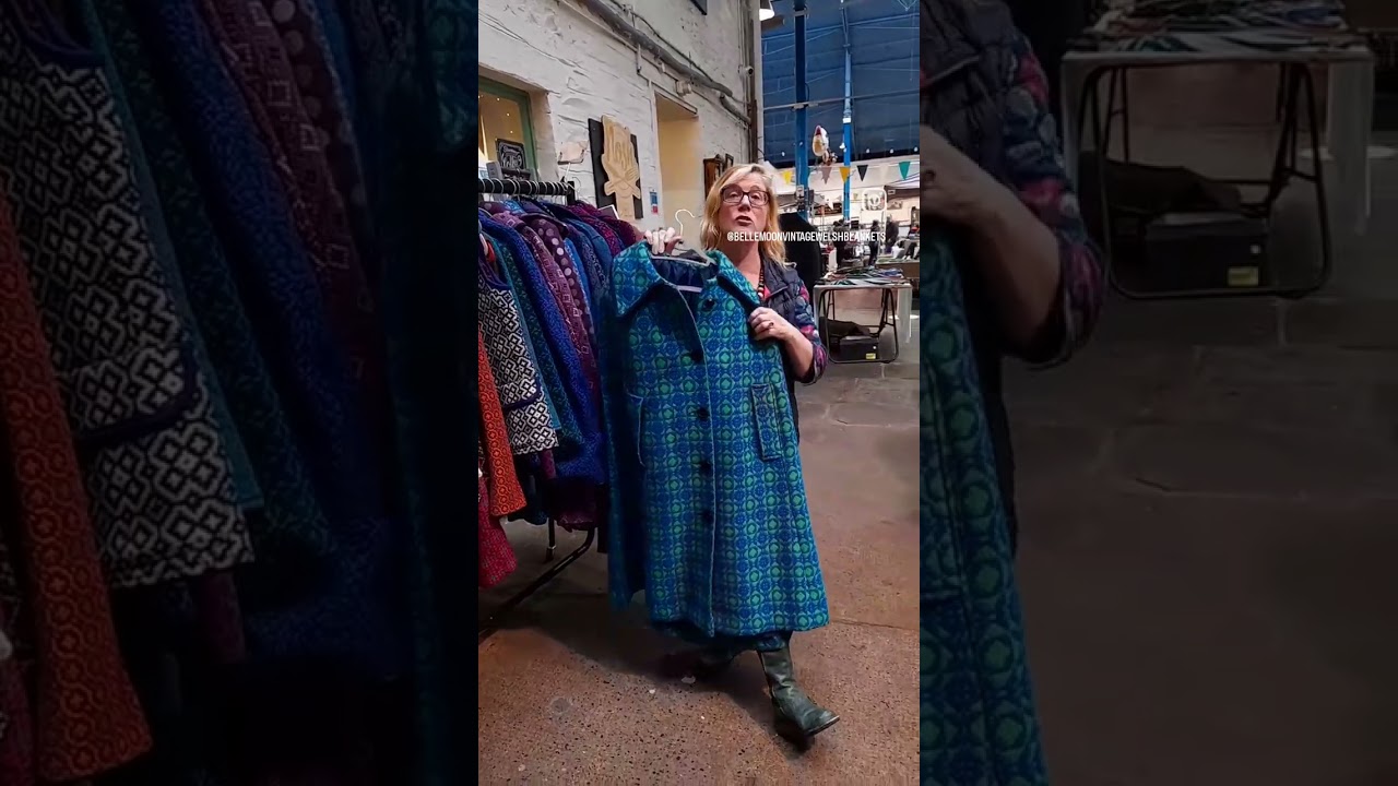 Full length vintage Welsh tapestry cape in vibrant blue & green for sale in Abergavenny Market