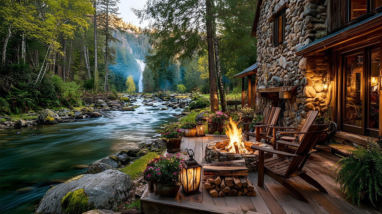Cozy Spring Cabin by the Riverside - Relaxing Nature Sounds & Fire Crackling for Deep Relaxation
