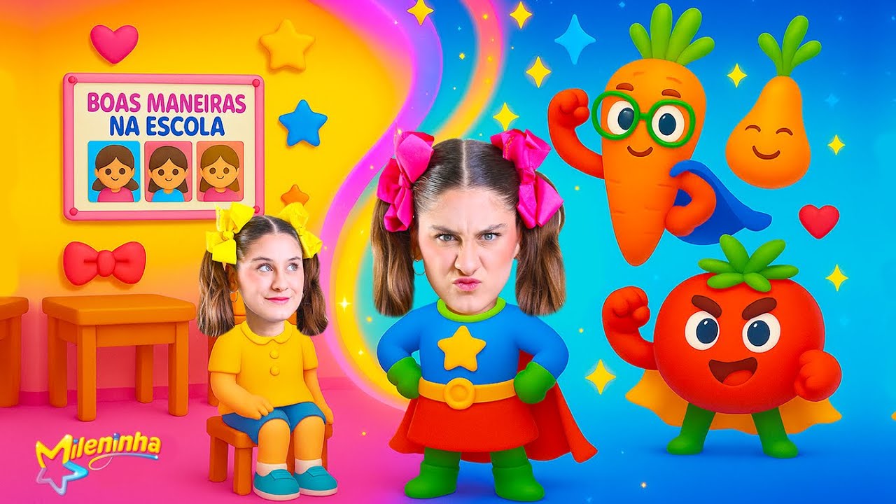 APRENDENDO com a MILENINHA sobre COMPORTAMENTO na ESCOLA | CRIANÇA come LEGUMES e FRUTAS