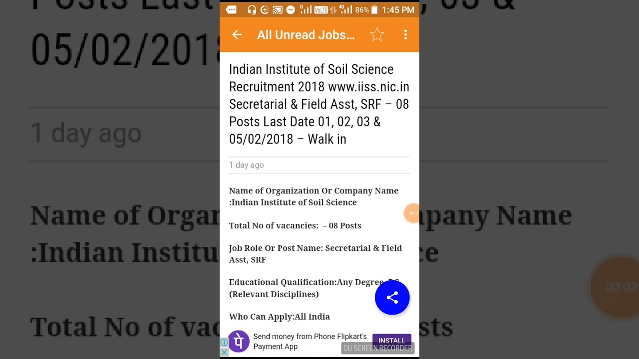 Indian Institute of Soil Science Recruitment 2018 www.iiss.nic.in Secretarial & Field Asst, SRF – 08