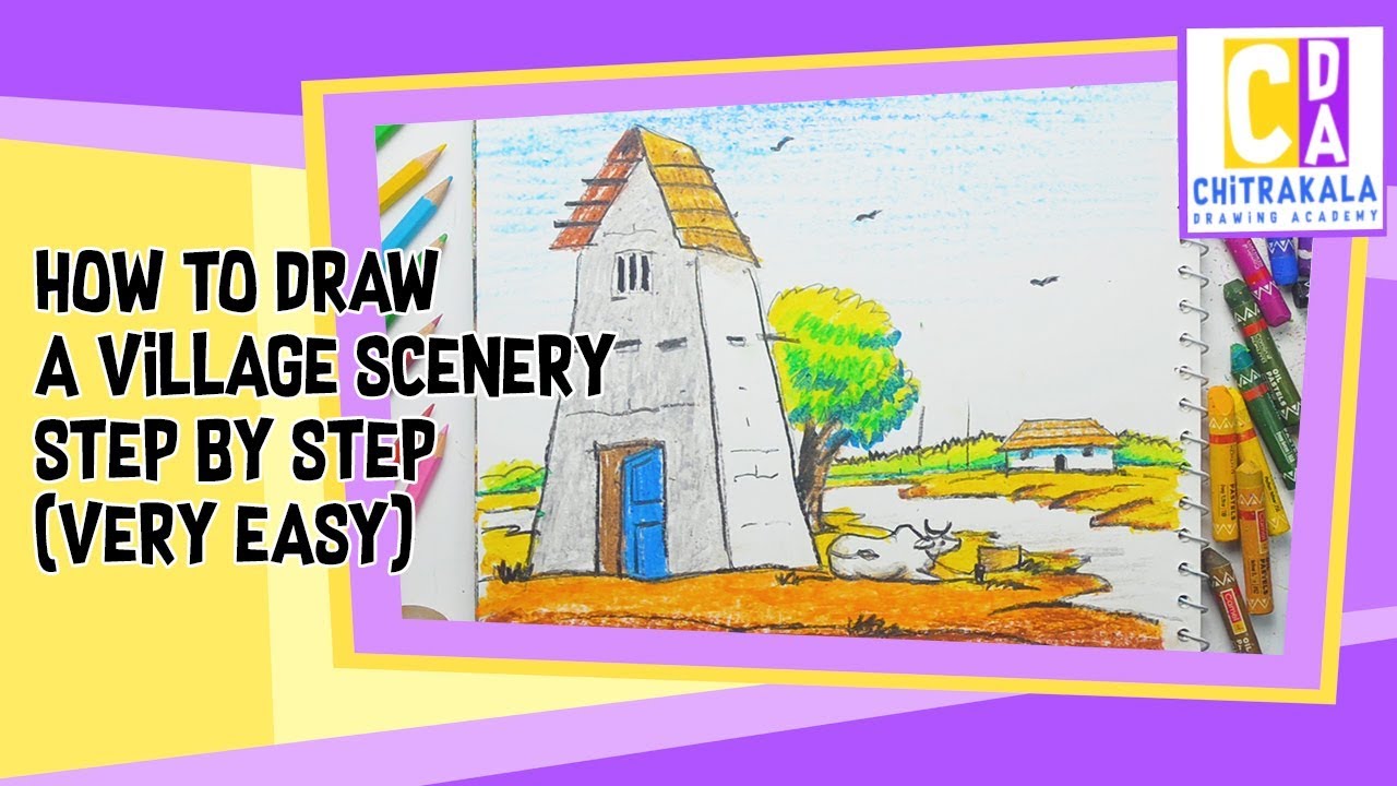 How to Draw A Village Scenery - Step by Step - YouTube