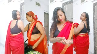 Good Afternoon Friends Red Saree And Black Blouse Special Vlog After Bathing Vlog