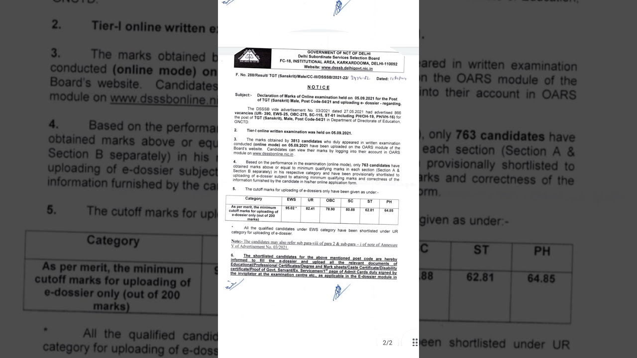 Dsssb tgt Sanskrit male E-Dossier Cut-off.