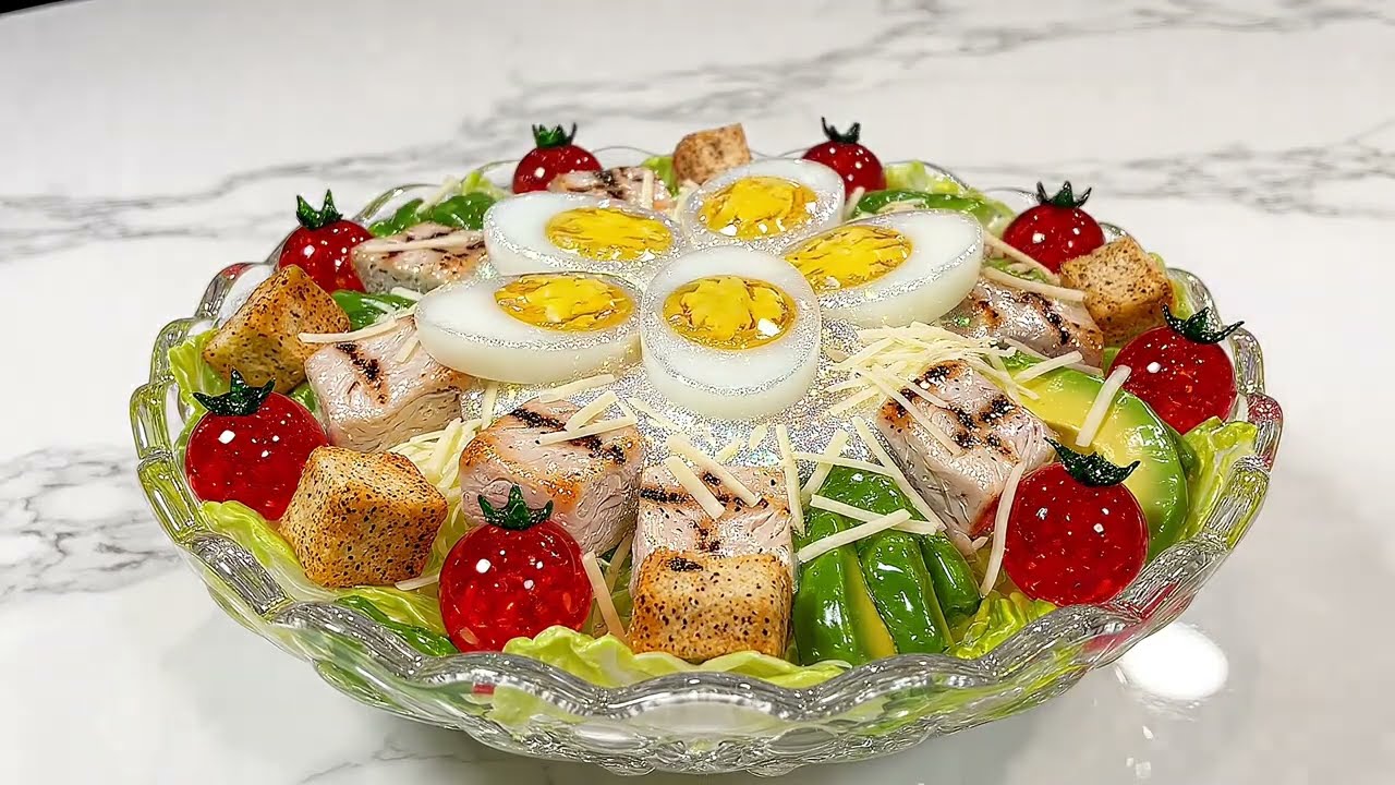 Glass Chicken Caesar Salad Looks Fresh & Delicious ASMR Cooking