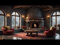 Romantic home in the Swiss Mountains, warm crackling fireplace ambience and snow falling outside