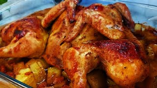 دجاج مشوي مع الخضار في الفرن طريقه سهله  و تتبيله ممتازه وبطعم  مختلف مع الرز الابيض