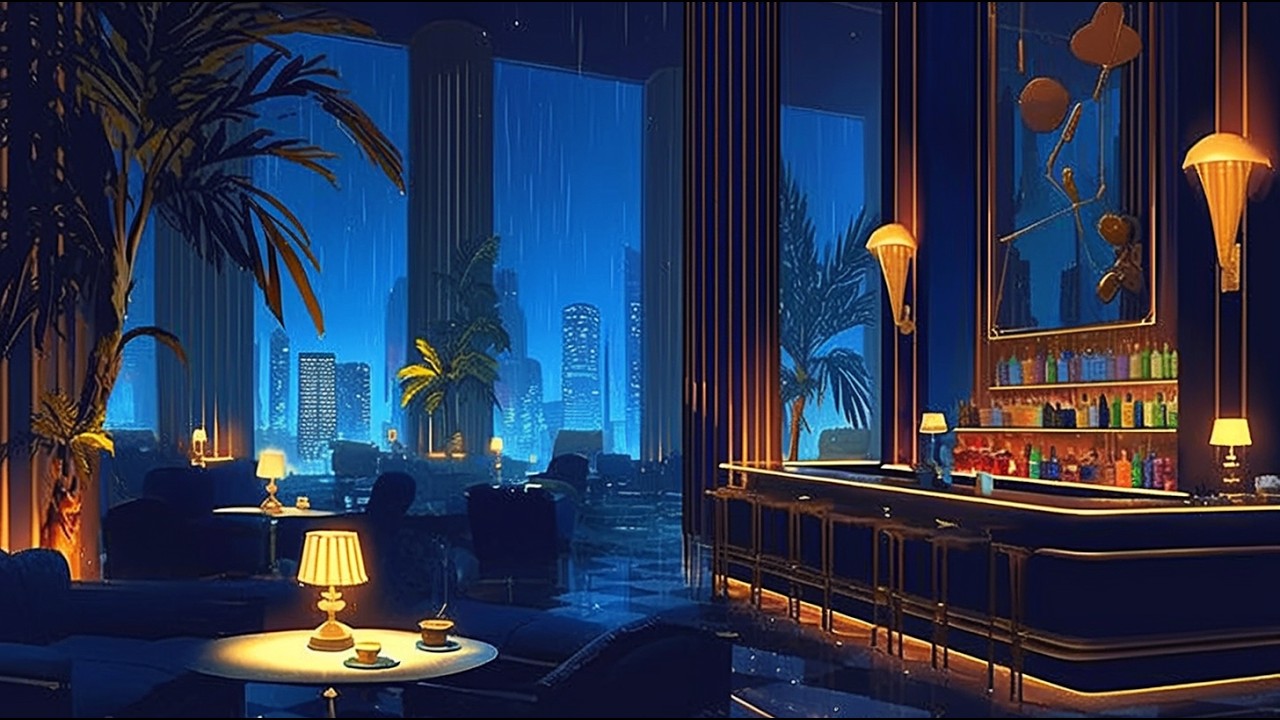 you're in a blue art deco lounge while it rains over the city