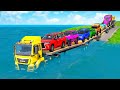Triple Flatbed Trailer McQueen Transportation with Truck - Speedbumps vs Cars vs Train - BeamNG #25