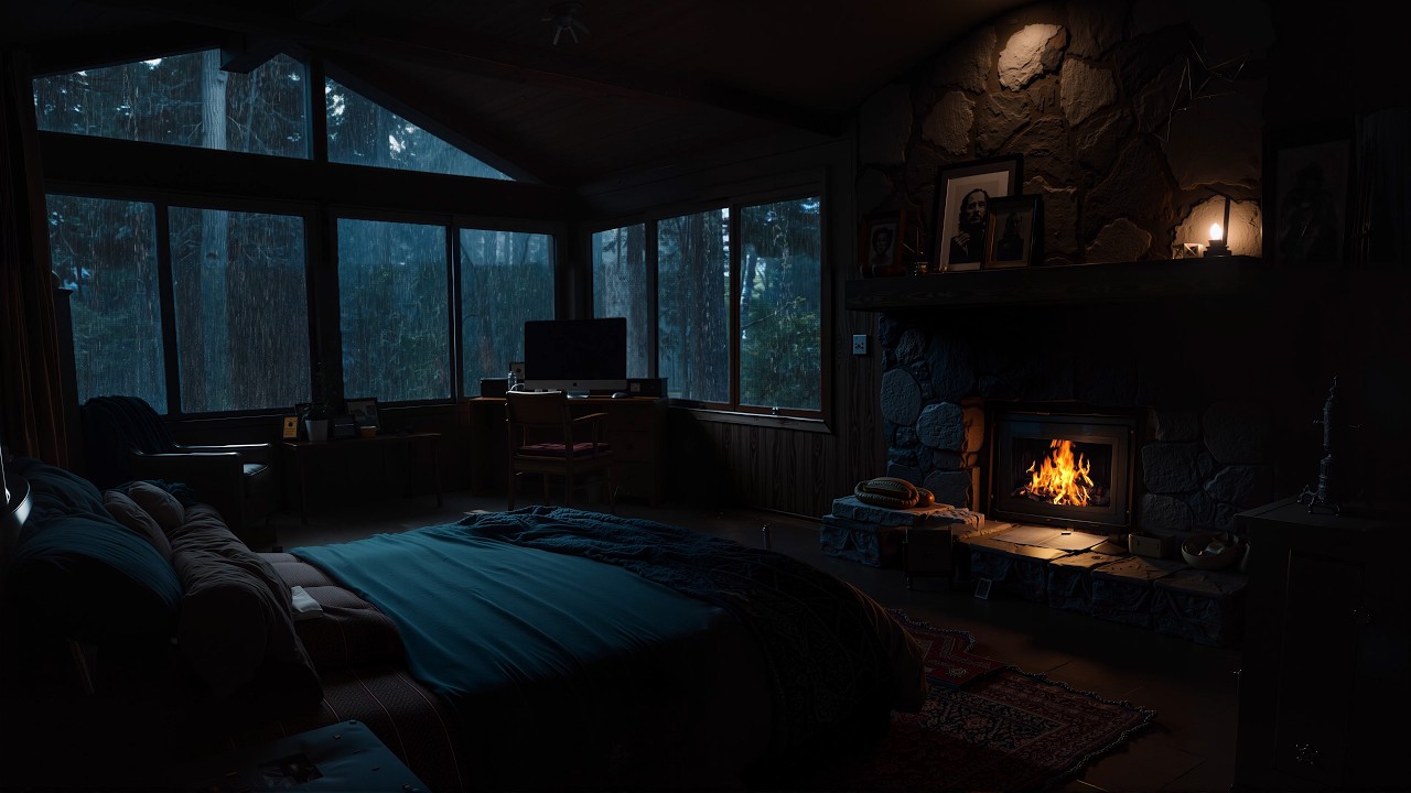 When the Rain Won’t Stop Outside 🌧️ Cozy Cabin Fireplace, Gentle Rain & Thunder for Deep Sleep