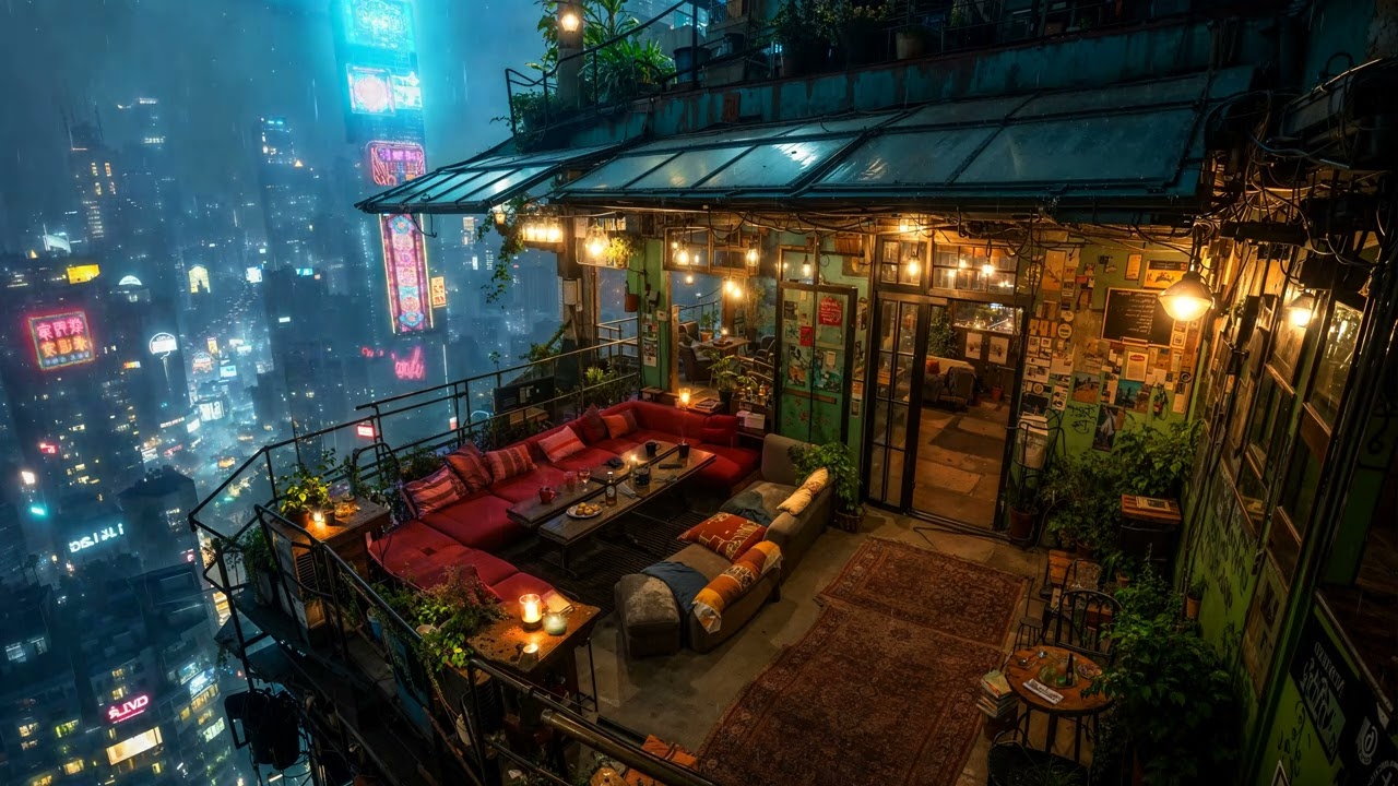 Lofi Zen – Distant Rain, Cozy Couches, Calm Drinks, and Lo-fi | Music to Chill, Study, or Sleep | 4K