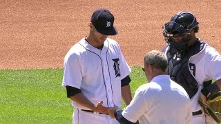 CLE@DET: Greene gets examined by trainer, exits game