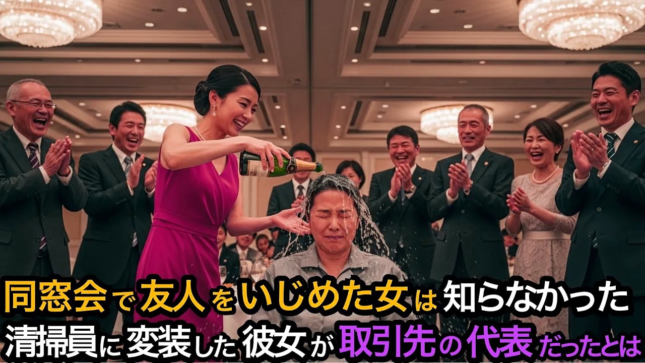 同窓会で友人をいじめた女は知らなかった。彼女が清掃員に変装した取引先の代表だったとは…