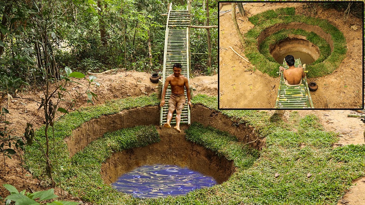 ⁣Primitive Technology: Build Water Slide House Around Underground Swimming Pool