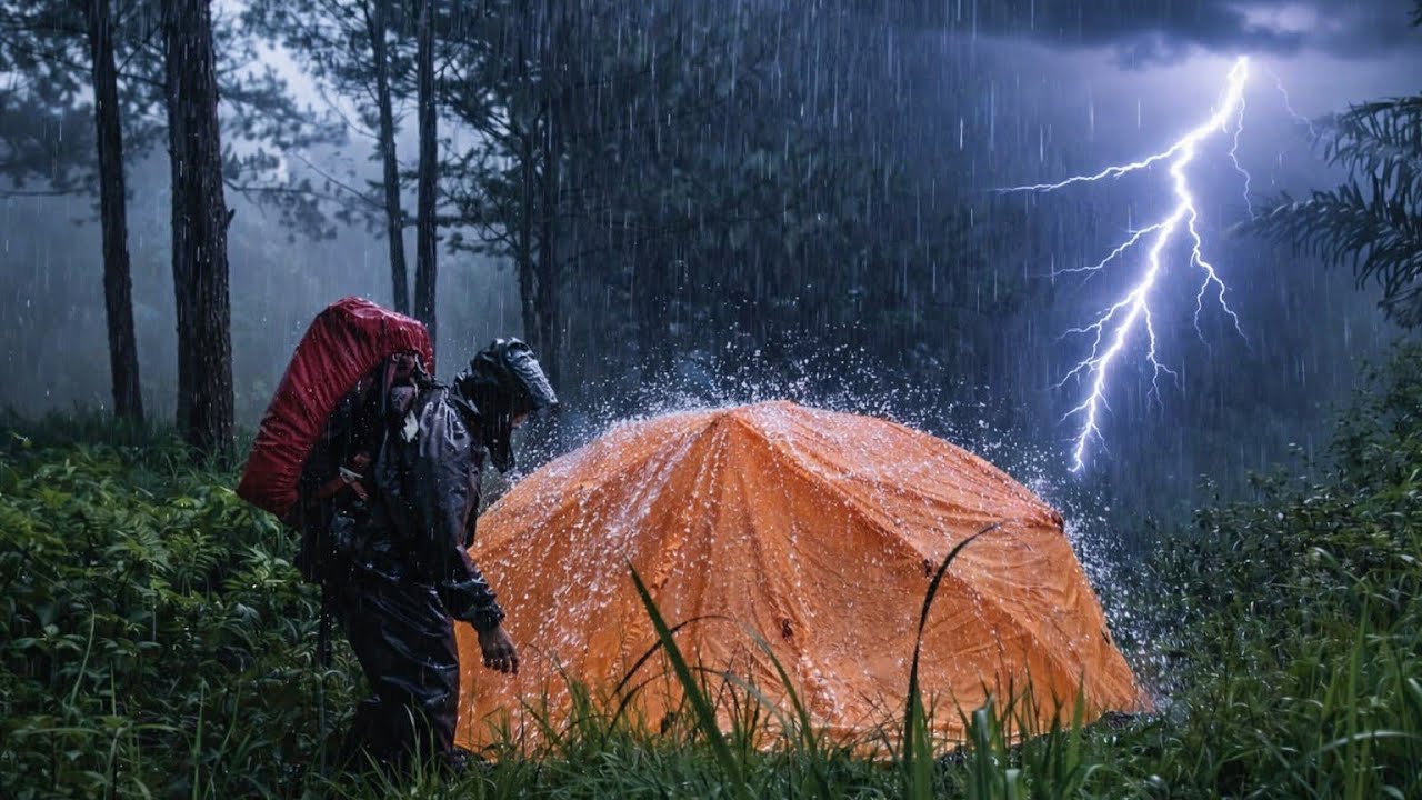 ENJOYING BAD WEATHER LIGHTNING STORMS AND VERY HEAVY RAIN⛈️STRUGGLE TO BUILD SHELTER