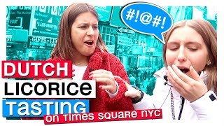 AMERICANS TRY DUTCH SALTY LICORICE CANDY on Times Square New York [ Dutch Candy Drop taste test ]